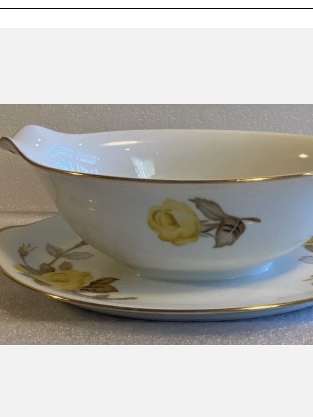 Porcelain Gravy Boat and  Attached  Saucer with Yellow Rose and Gold Trim